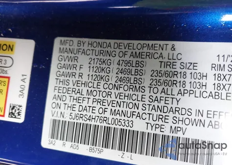 2024 Honda Cr-V Ex-L Awd из США, поврежденный, VIN 5J6RS4H76RL005333